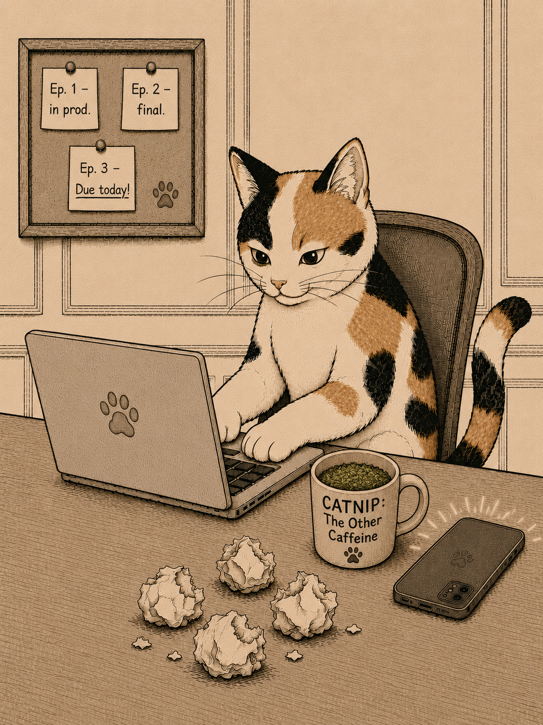 Illustration of a calico cat at a laptop with a CATNIP coffee mug and crumpled scripts, episode notes pinned to a corkboard behind.