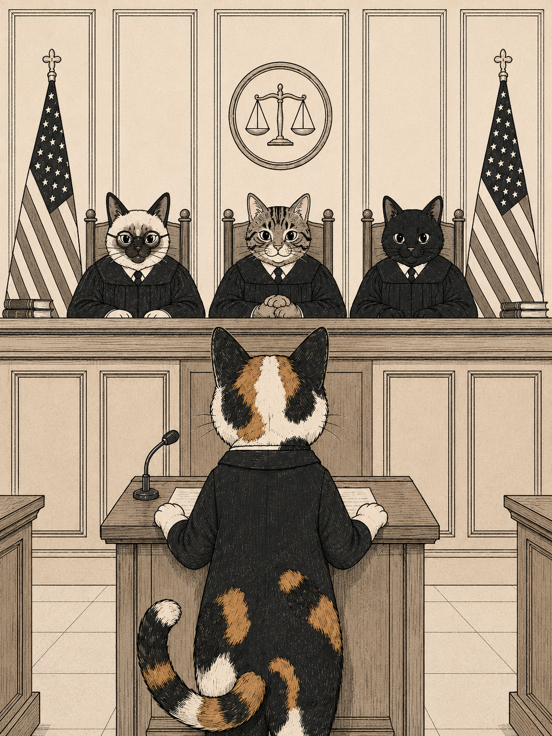 Line illustration of a calico cat in a lawyer's robe addressing three feline appellate judges in a courtroom.