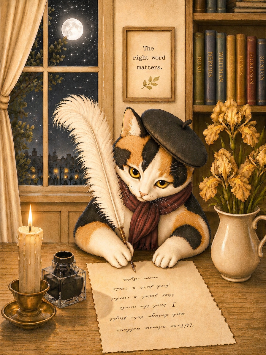 Painting of a calico cat in a beret writing with a quill by candlelight at a desk, with a framed 'The right word matters' print, books, and irises in the background.